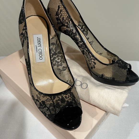 Jimmy Choo Black Lace Peep Toe Heels